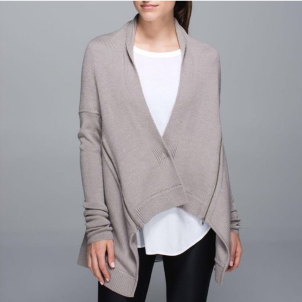 Lululemon Wrap It Up Cardigan Sweater Knit Merino Wool Elbow Patch Zipper Tan